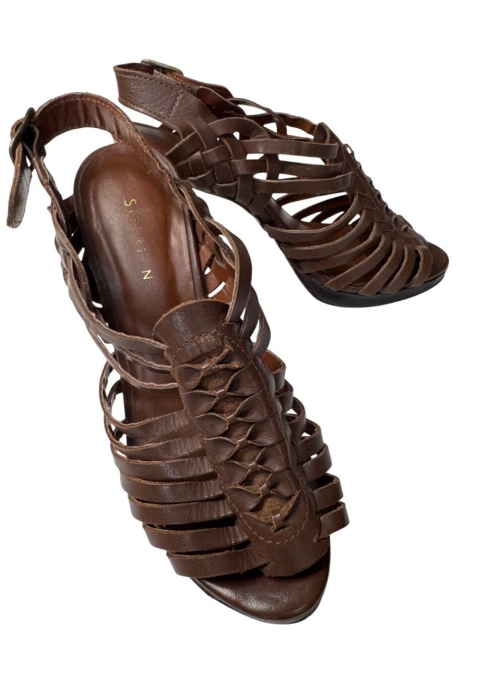 Siberian Brazilian Brown Leather Woven High Heel Sandals Size 35 / US 5